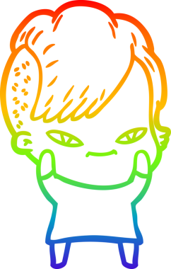 Gökkuşağı gradyan çizimi. Hipster saç kesimi bir insan tarafından çizilmiş şirin bir çizgi film kızı.