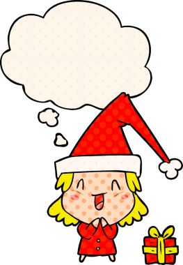 Bir insan tarafından çizilmiş, düşünce baloncuklu Noel şapkası takan çizgi film kızı.