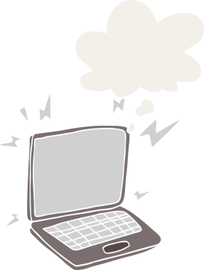 Düşünce baloncuklu karikatür dizüstü bilgisayar insan tarafından çizilmiş.