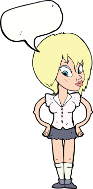 Bir insan tarafından çizilmiş konuşma balonlu elleri olan çizgi film kadını.