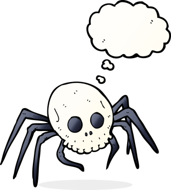 Bir insan tarafından çizilmiş düşünce baloncuğu olan ürkütücü cadılar bayramı kafatası örümceği çizgi filmi.