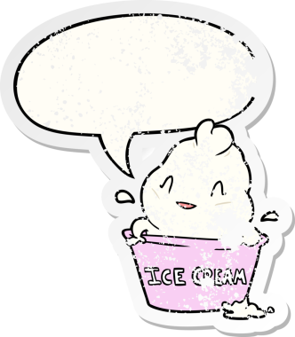 Konuşma baloncuklu tatlı çizgi film dondurması bir insan tarafından çizilmiş sıkıntılı eski bir çıkartma