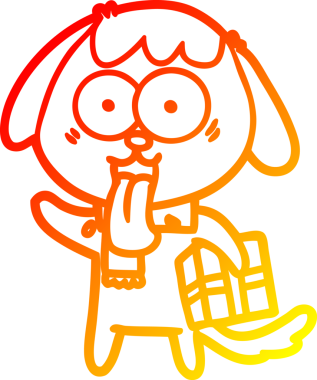 Bir insan tarafından çizilmiş Noel hediyeli şirin bir köpeğin sıcak çizgi çizimi.