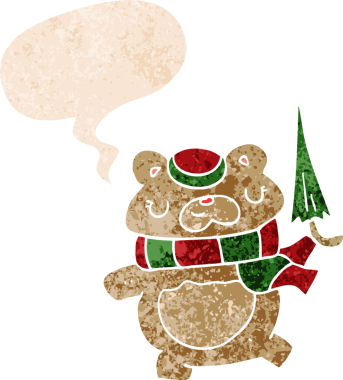 Şemsiyeli çizgi film ayısı grunge 'da konuşma baloncuğu olan sıkıntılı retro tarzı bir insan tarafından çizilmiş.