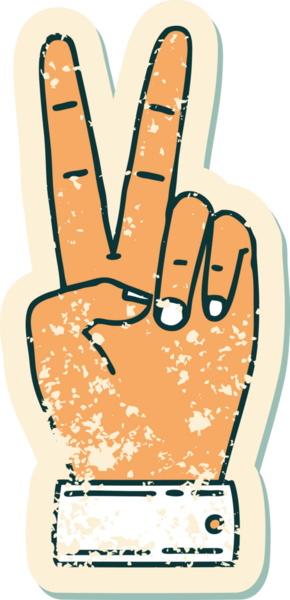Bir barış sembolünün grunge sticker 'ı Bir insan tarafından çizilmiş iki parmak el hareketi