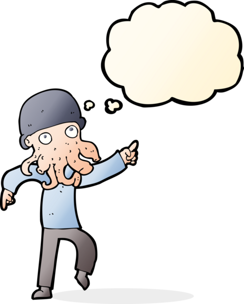 Bir insan tarafından çizilmiş düşünce baloncuğuyla dans eden uzaylı adam.