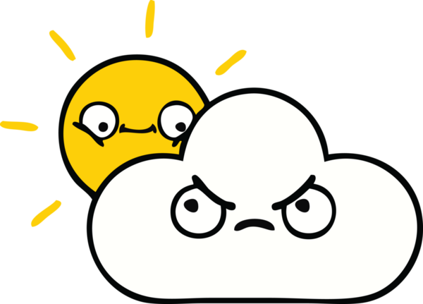 Bir insan tarafından çizilmiş sevimli bir güneş ışığı ve bulut karikatürü.