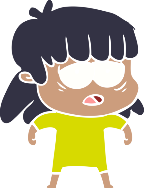 Düz renkli çizgi film. Bir insan tarafından çizilmiş yorgun kadın.