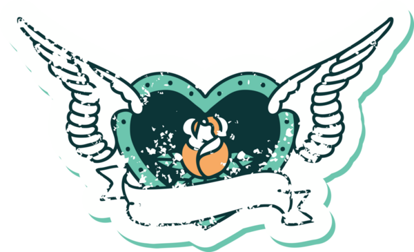 Bir insan tarafından çizilmiş çiçek ve pankartıyla uçan bir kalbin sembolik dövmeli resmi.