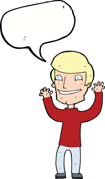 Bir insan tarafından çizilmiş konuşma balonuyla heyecanlı bir adam.