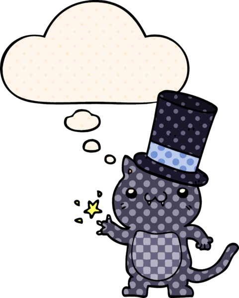 Bir insan tarafından çizilmiş, düşünce baloncuklu silindir şapka takan çizgi film kedisi.