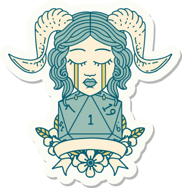 Ağlama etiketi, bir insan tarafından çizilmiş doğal bir D20 zar atışıyla bağlanmış.