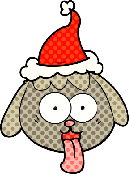 Bir insan tarafından çizilmiş Noel Baba şapkasıyla nefes nefese kalan bir köpek suratının el çizimi çizgi roman tasviri