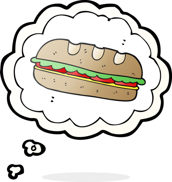 Serbest çizim düşünce balonu karikatürü. Bir insan tarafından çizilmiş kocaman sandviç.