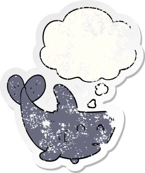 İnsan tarafından çizilmiş yıpranmış bir çıkartma gibi düşünce balonu olan çizgi film köpekbalığı.