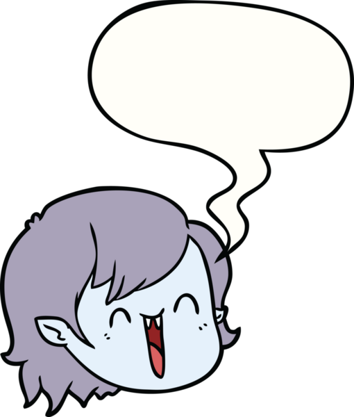 Bir insan tarafından çizilmiş konuşma balonlu vampir kız yüzü.