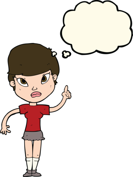 Bir insan tarafından çizilmiş düşünce baloncuğu fikri olan karikatür kadın.