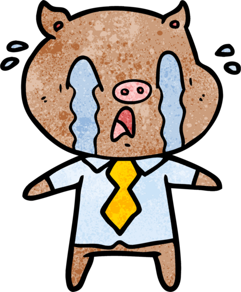 Bir insan tarafından çizilmiş insan kıyafetleri içinde ağlayan domuz çizgi filmi.