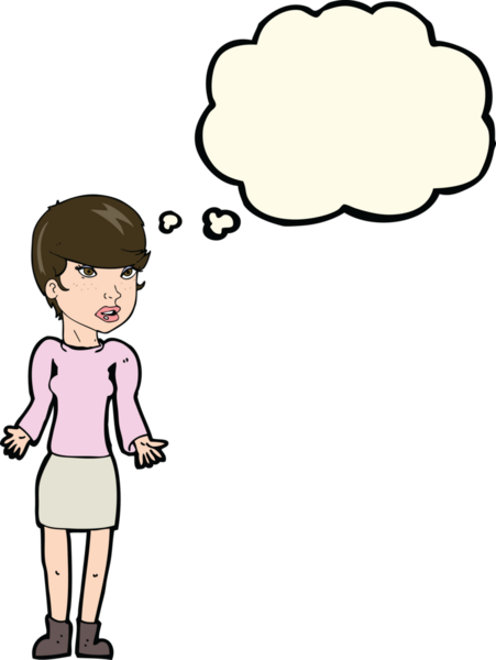 Bir insan tarafından çizilmiş düşünce baloncuğu olan kafası karışık bir kadın çizgi filmi.