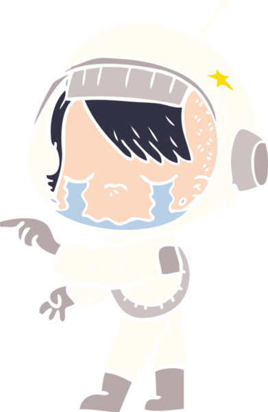 Düz renkli çizgi film ağlayan astronot kız bir insan tarafından çizilmiş.