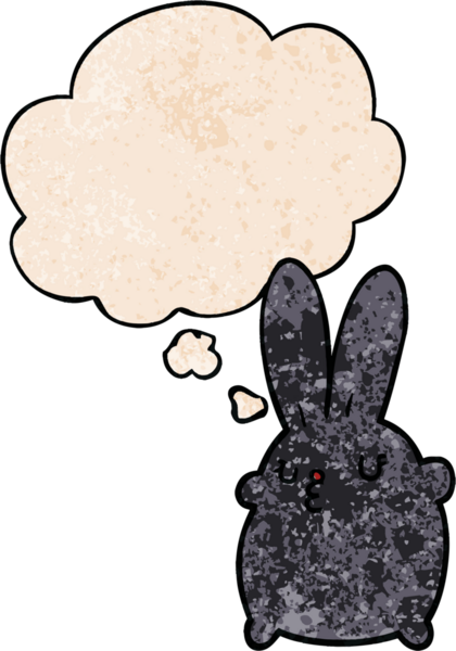 Bir insan tarafından çizilmiş grunge desenli düşünce baloncuklu şirin çizgi film tavşanı.