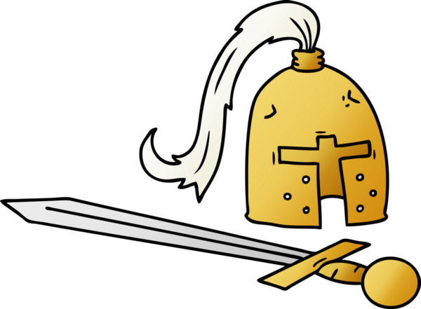 Bir insanın çizdiği ortaçağ miğferi ve kılıcının gradyan çizimi.