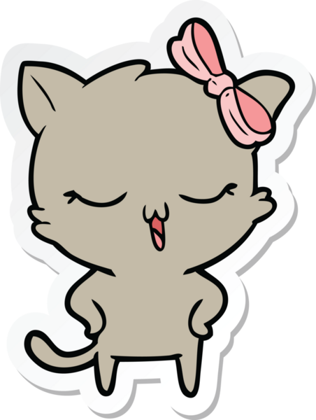 Kafasında fiyonk, kalçasında insan resmi olan çizgi film kedisinin çıkartması.