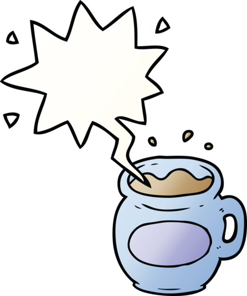 Bir insan tarafından çizilmiş, konuşma baloncuklu bir kahve fincanı.