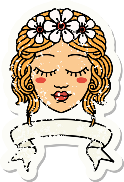 Bir insan tarafından çizilmiş, kadın yüzü pankartlı eski bir etiket.