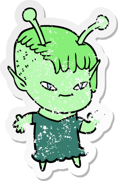 Bir insan tarafından çizilmiş sevimli uzaylı bir kızın sıkıntılı çıkartması.