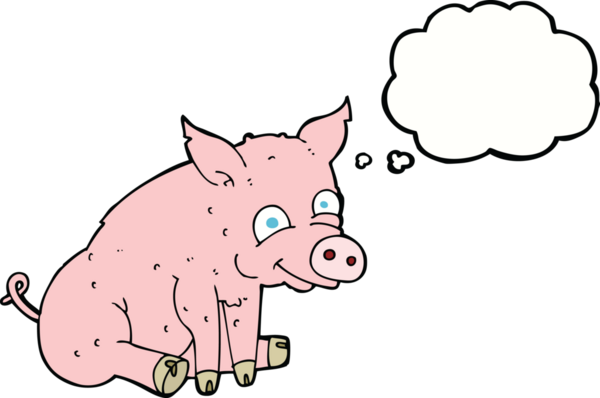 Bir insan tarafından çizilmiş düşünce baloncuklu mutlu domuz.