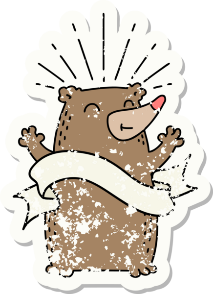 Dövme stili eski bir çıkartma. Bir insan tarafından çizilmiş mutlu ayı.