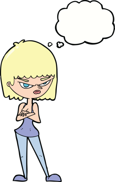 Bir insan tarafından çizilmiş düşünce baloncuğu olan kızgın bir kadın.