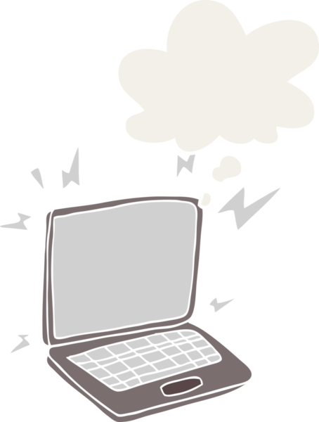 Düşünce baloncuklu karikatür dizüstü bilgisayar insan tarafından çizilmiş.