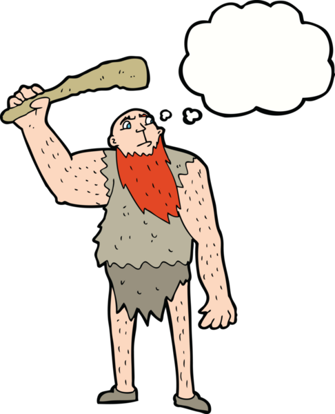 Bir insan tarafından çizilmiş düşünce baloncuğu olan Neandertal çizgi filmi.