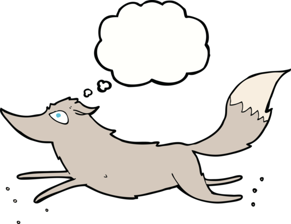 Bir insan tarafından çizilmiş düşünce baloncuğuyla koşan çizgi film kurdu.