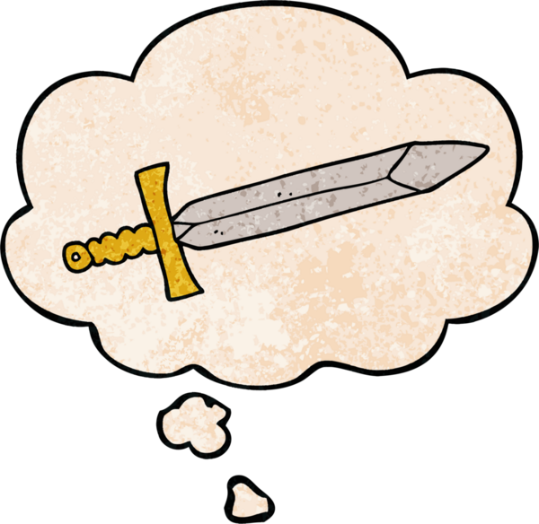 Bir insan tarafından çizilmiş grunge desenli düşünce baloncuklu çizgi film kılıcı.