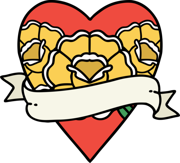 Geleneksel kalp şeklinde dövme ve bir insan tarafından çizilmiş çiçekli pankart.