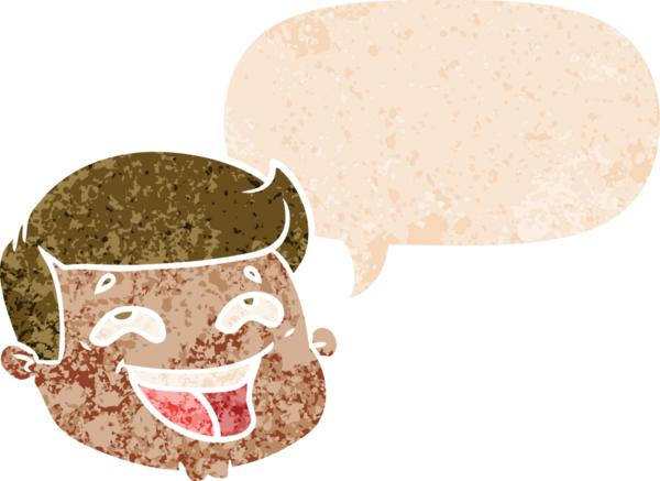 Mutlu çizgi film erkek yüzü grunge sıkıntı retro stil bir insan tarafından çizilmiş konuşma balonu ile