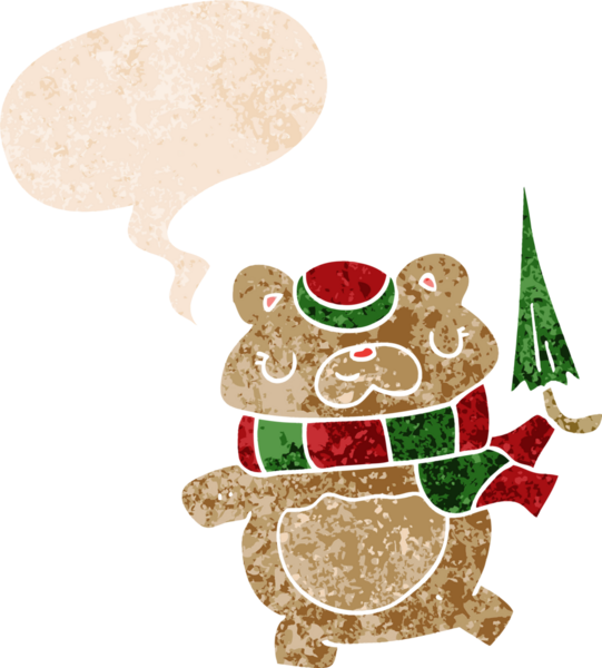 Şemsiyeli çizgi film ayısı grunge 'da konuşma baloncuğu olan sıkıntılı retro tarzı bir insan tarafından çizilmiş.