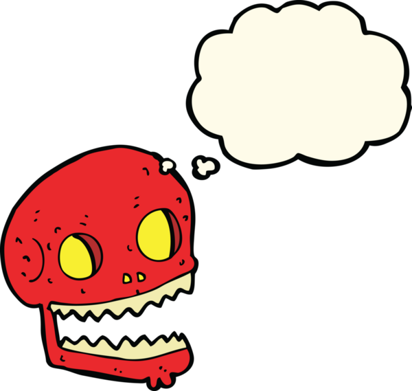 Bir insan tarafından çizilmiş düşünce baloncuklu garip kafatası.