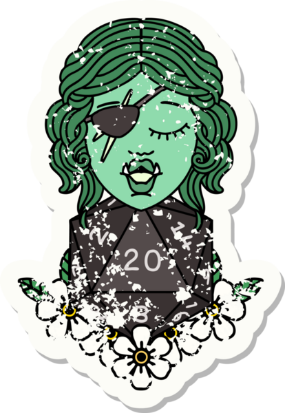 Bir insan tarafından çizilmiş 20 zarlı yarım ork serserisinin grunge sticker 'ı.