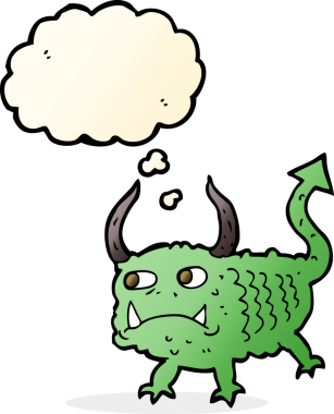 Bir insan tarafından çizilmiş düşünce baloncuğu olan küçük bir iblis.