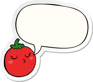 Bir insan tarafından çizilmiş konuşma kabarcığı çıkartmalı domates çizgi filmi.