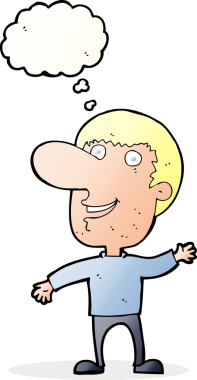 Bir insan tarafından çizilmiş düşünce baloncuğu olan bir çizgi film adamı.