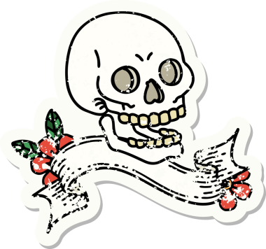 Bir insan tarafından çizilmiş kafatasının pankartıyla eski bir etiket.