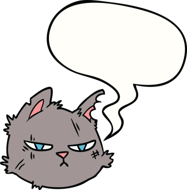 Bir insan tarafından çizilmiş konuşma baloncuklu sert kedi yüzü.