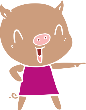 Bir insan tarafından çizilmiş mutlu düz renkli çizgi film domuzu.