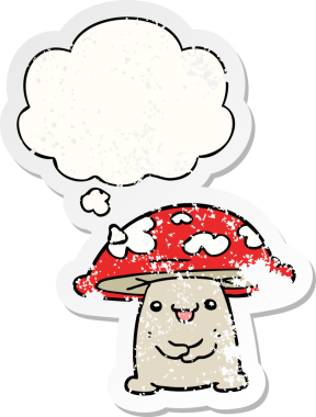 Düşünce baloncuğu olan çizgi film karakteri insan tarafından çizilmiş yıpranmış bir çıkartma.