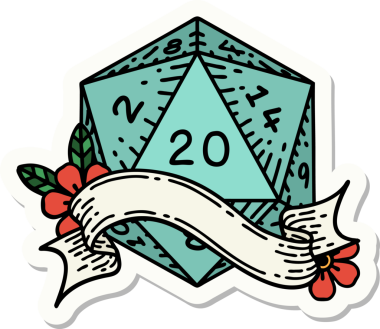 Bir insan tarafından çizilmiş 20 D20 zarının çıkartması.